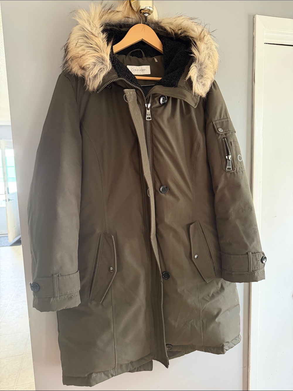 Calvin Klein Olive Green Parka with Faux Fur Hood